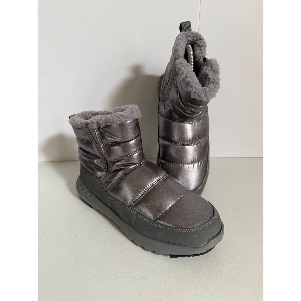 Bearpaw Women Grey Metallic Puffer Ankle Boots Faux Fur Lined Winter Size 9